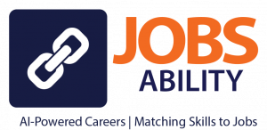 Jobs Ability Logo 2025 with blue box and a white chain-link inside representing connection